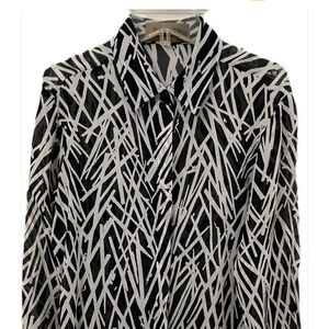 Ladies dark Navy and white print blouse.  Made in Canada